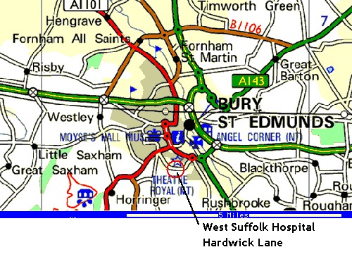 Roads around Bury St Edmunds - detail